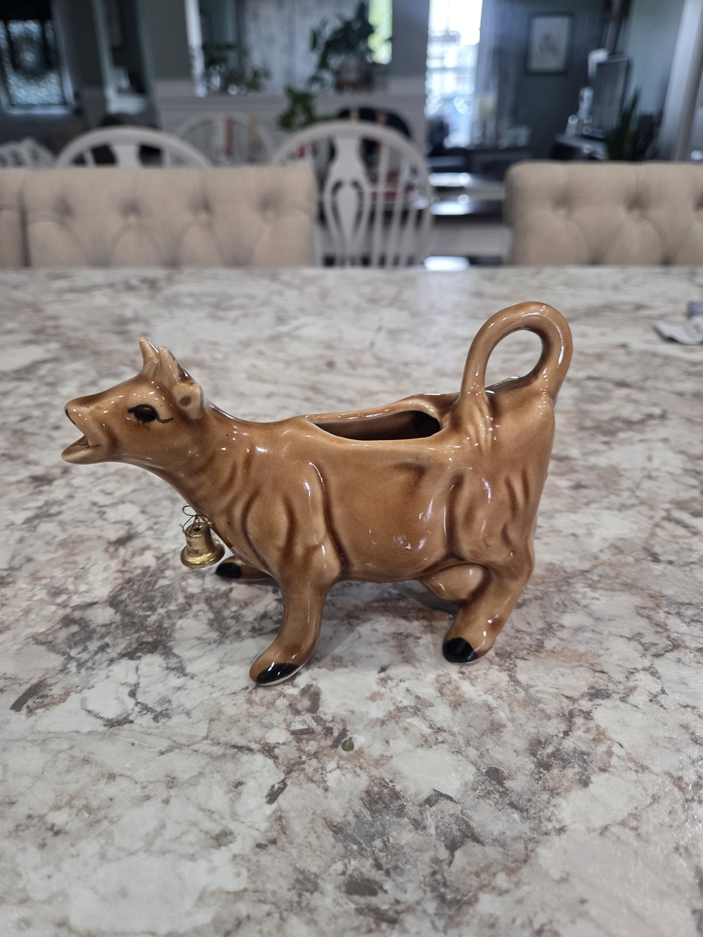 Vintage Original Ceramic Creamer Brown Cow with Metal Cowbell Figurine -So Cute